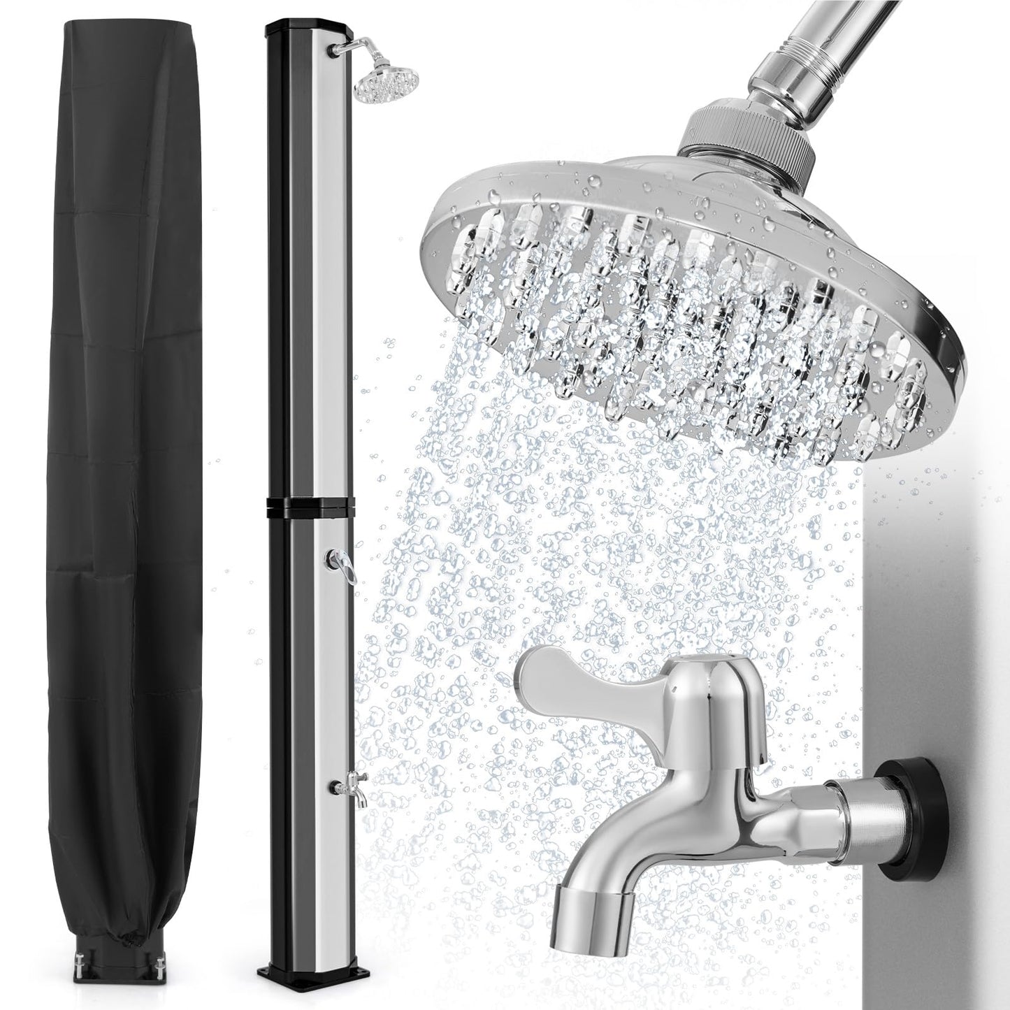 Buitendouche – Tuindouche – Zonnedouche – Zwembaddouche – Solar Douche – 60 Liter Inhoud – 360° Draaibare Douchekop – Inclusief Beschermhoes – Zwart/Zilver – Hoogte 227 cm