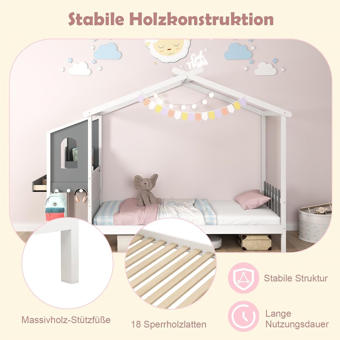 Huisbed – Kinderbed – Jeugdbed – Bed met Bureau – Bed met Laden – 90x200 cm – Houten Frame – Wit met Grijs