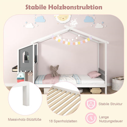 Huisbed – Kinderbed – Jeugdbed – Bed met Bureau – Bed met Laden – 90x200 cm – Houten Frame – Wit met Grijs