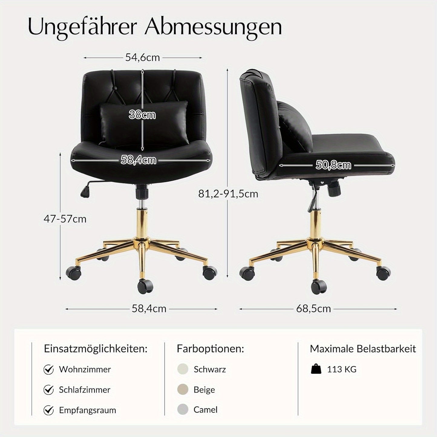 Ergonomische Bureaustoel – Bureaustoel Zonder Armleuningen – Werkstoel – Draaistoel – Schommelstoel – Zithoogte Verstelbaar – Metalen Onderstel Zwart