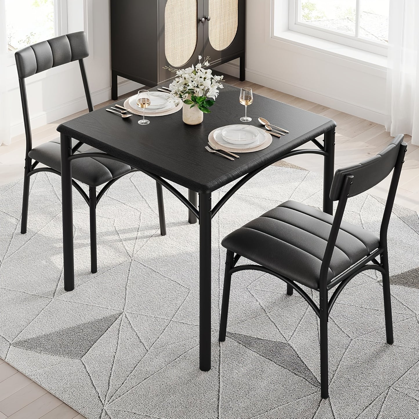 Eettafelset – Eettafel Met Stoelen – Dining Set – Keukentafel – Bistro Set – Zwarte MDF Tafel – Comfortabele Gestoffeerde Stoelen – Compact Ruimtebesparend Design