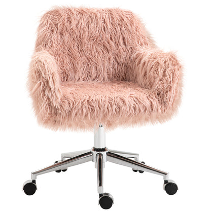 Bureaustoel – Bureaustoel met Armleuningen – Werkstoel – Kantoormeubilair – Roze Kunstvacht – Verstelbare Hoogte – Roestvrijstalen Frame – Zachte Pluche Bekleding