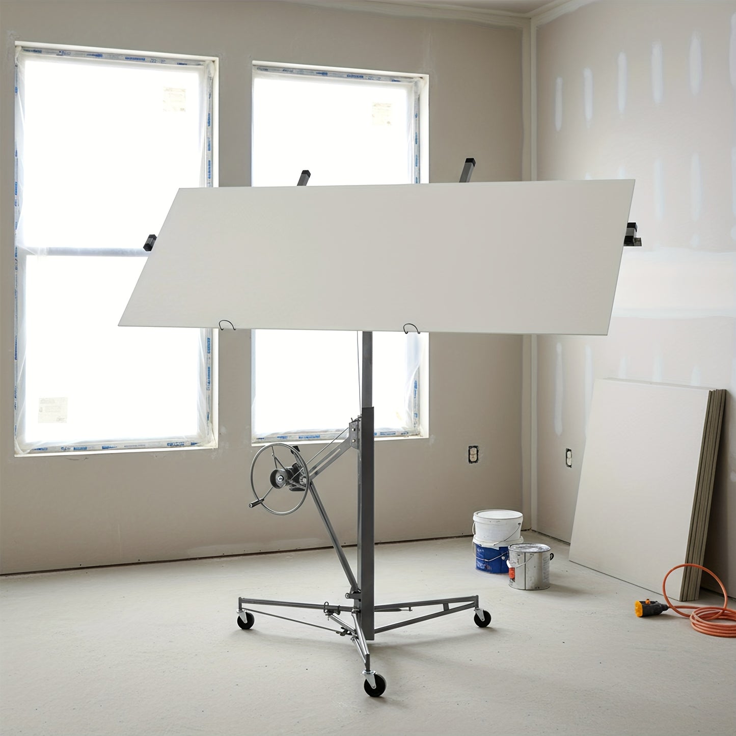 Heavy-Duty Drywall Lift with 150 lbs Load Capacity (68kg) - Adjustable Height 140-335cm & 60° Tilt, Foldable Drywall Panel Hoist with 3 Braked Wheels for Ceiling Installation, & Renovation - Compatible with Drywall Panels &