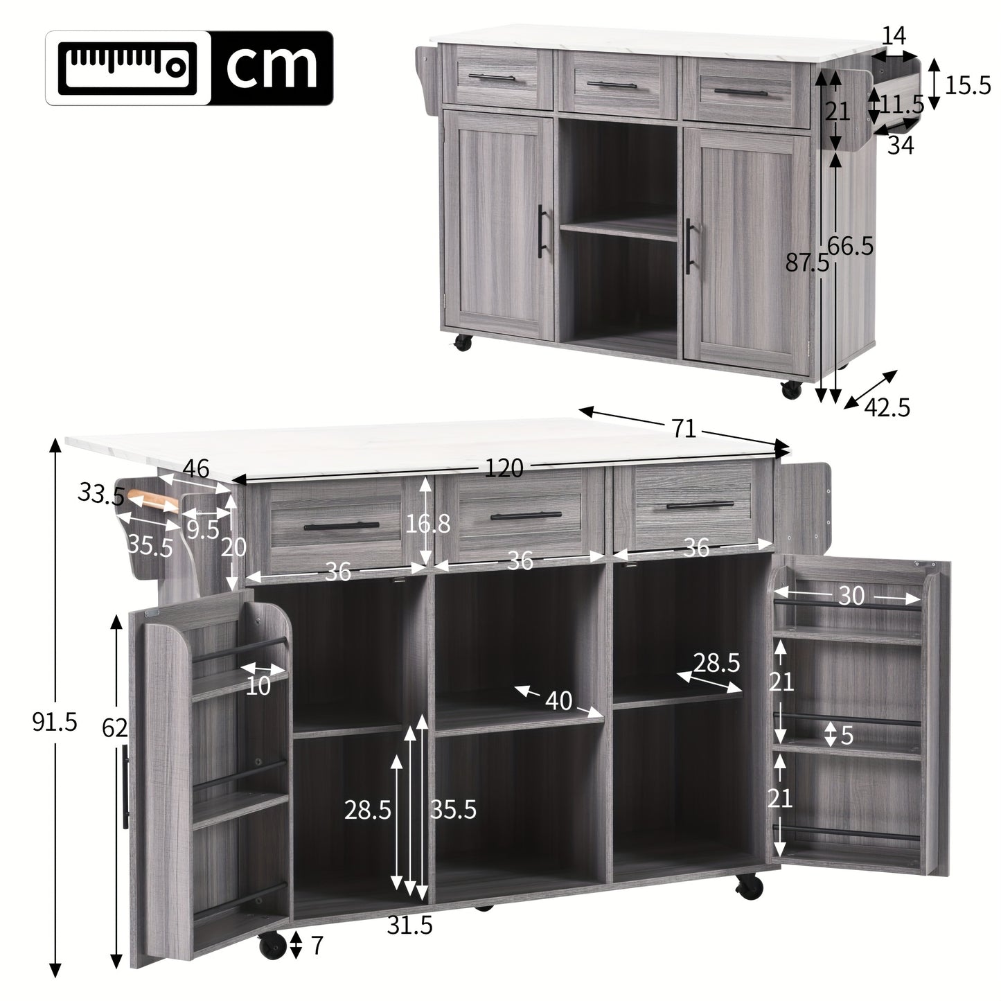 White Modern Foldable Mobile Serving Cart with Storage Doors & Lockable Tabletop - Heavy-Duty Expandable Sideboard on Casters, Non-Wood Cabinet /Dining Room, Space-Saving Furniture (139x46(71)x91.5cm) - Replaceable Feet