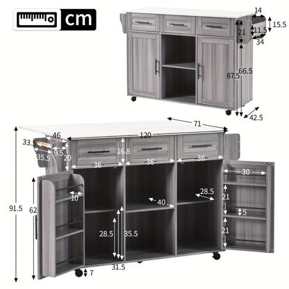 White Modern Foldable Mobile Serving Cart with Storage Doors & Lockable Tabletop - Heavy-Duty Expandable Sideboard on Casters, Non-Wood Cabinet /Dining Room, Space-Saving Furniture (139x46(71)x91.5cm) - Replaceable Feet