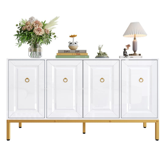 Dressoirkast – Sideboard – Opbergkast – Wandkast – Kast Met Legplanken – Hoogglans Afwerking – Gouden Handgrepen En Poten – 140x80x40 cm – Modern Design
