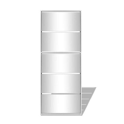 Shoe Cabinet with 5 Compartments - Mirror - White - 63X17X169.5 Cm - Engineered Wood - Full Mirror Side Mounting - Adjustable Shelves - Dust-Proof Compartments