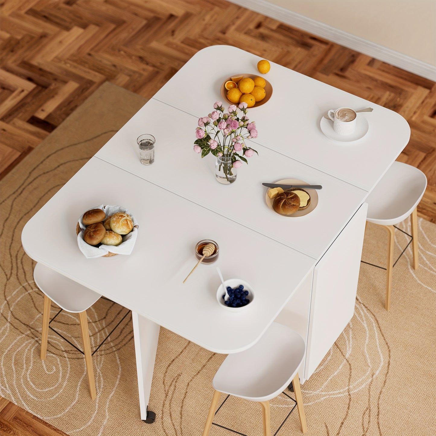 Inklapbare Eettafel – Opvouwbare Tafel – Uitklapbare Tafel – Mobiliteitstafel – Ruimtebesparende Tafel – Wit – Met Wieltjes En Remmen – Uitbreidbaar Tot 110x80 cm