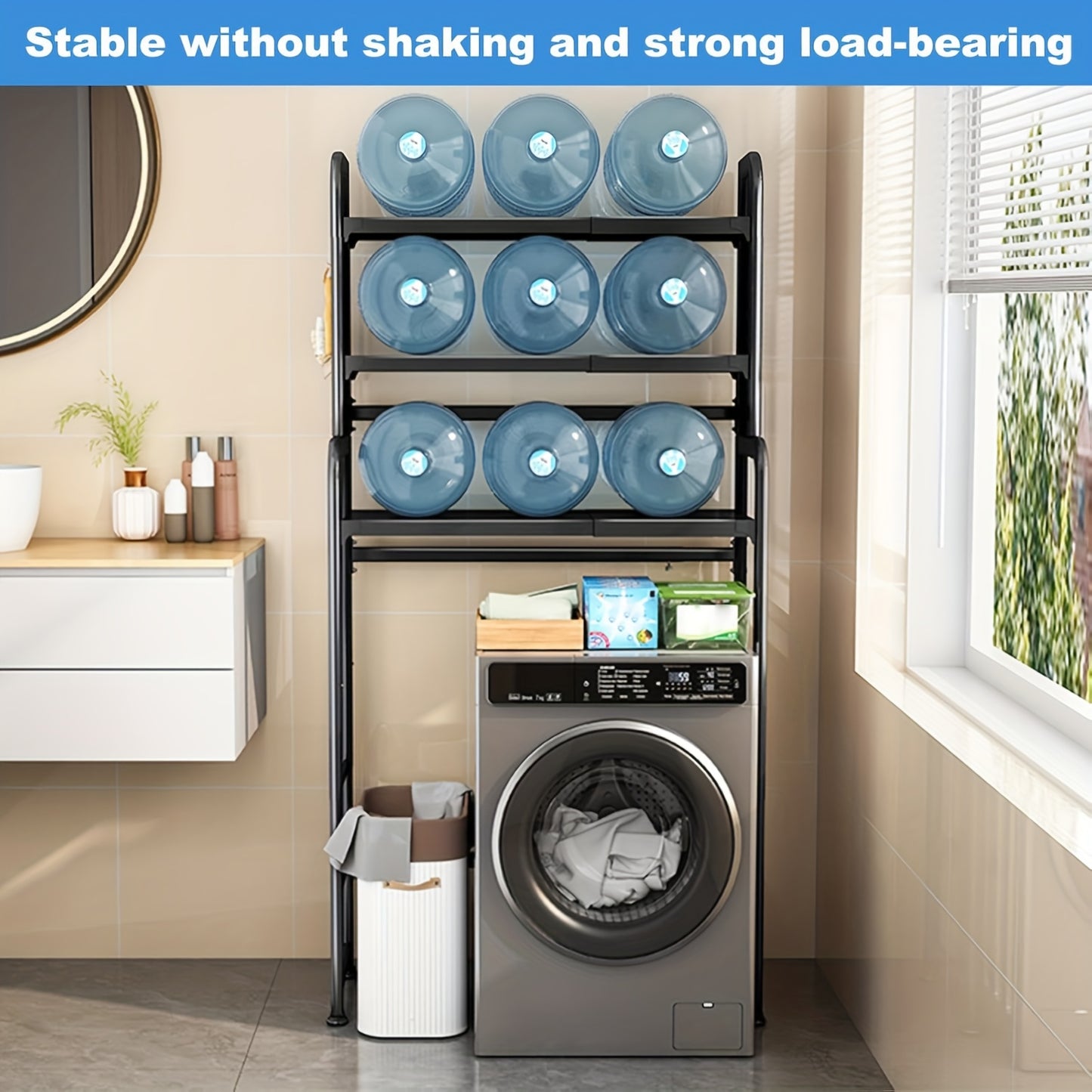 Opbergrek Wasruimte – Wasmachine Rek – Opslagrek – Badkamerrek – Stelling – Verstelbaar 155-185 cm – Metalen Staal – Antislipvoeten – 3 Planken – Wit