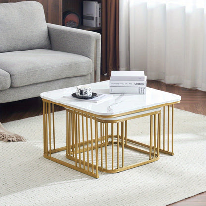 Salontafel – Koffietafel – Bijzettafel – Tafeltje – Woonkamertafel – Hoogglans Marmerlook – Verstelbare Poten – Set van 2 (60x60x45 & 45x45x40 cm)