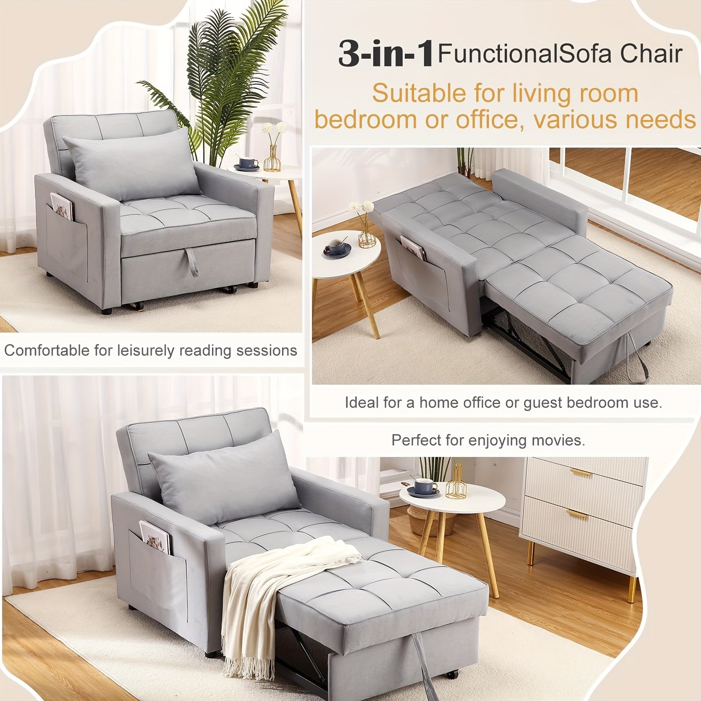 Slaapbank – Bedbank – Slaapstoel – Zetelbed – Slaapfauteuil – Lichtgrijs Linnen – 3-in-1 Multifunctioneel – 86x192 cm Uitklapbaar