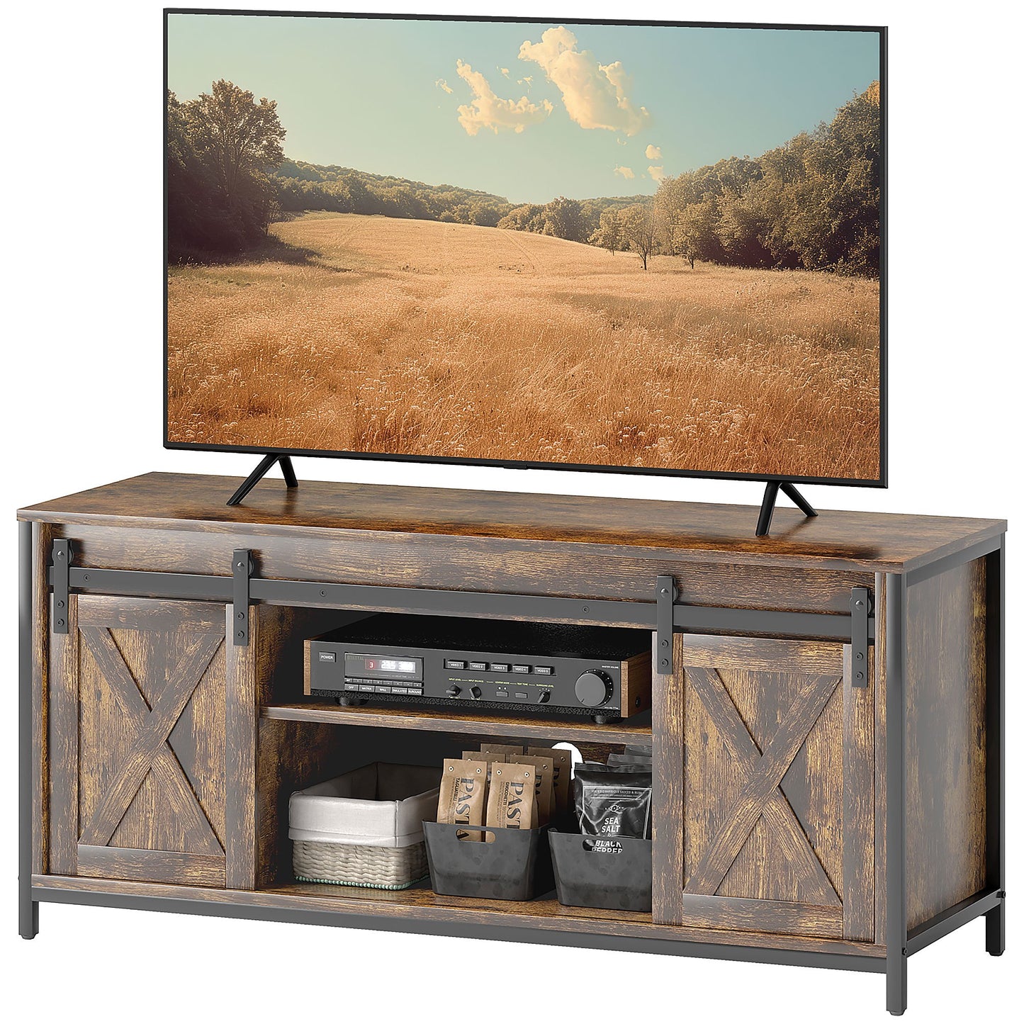 Tv meubel – TV-kast – TV-meubel – Lowboard – Media meubel – Industrieel design – Geschikt tot 60 inch – 6 opbergvakken met 2 schuifdeuren