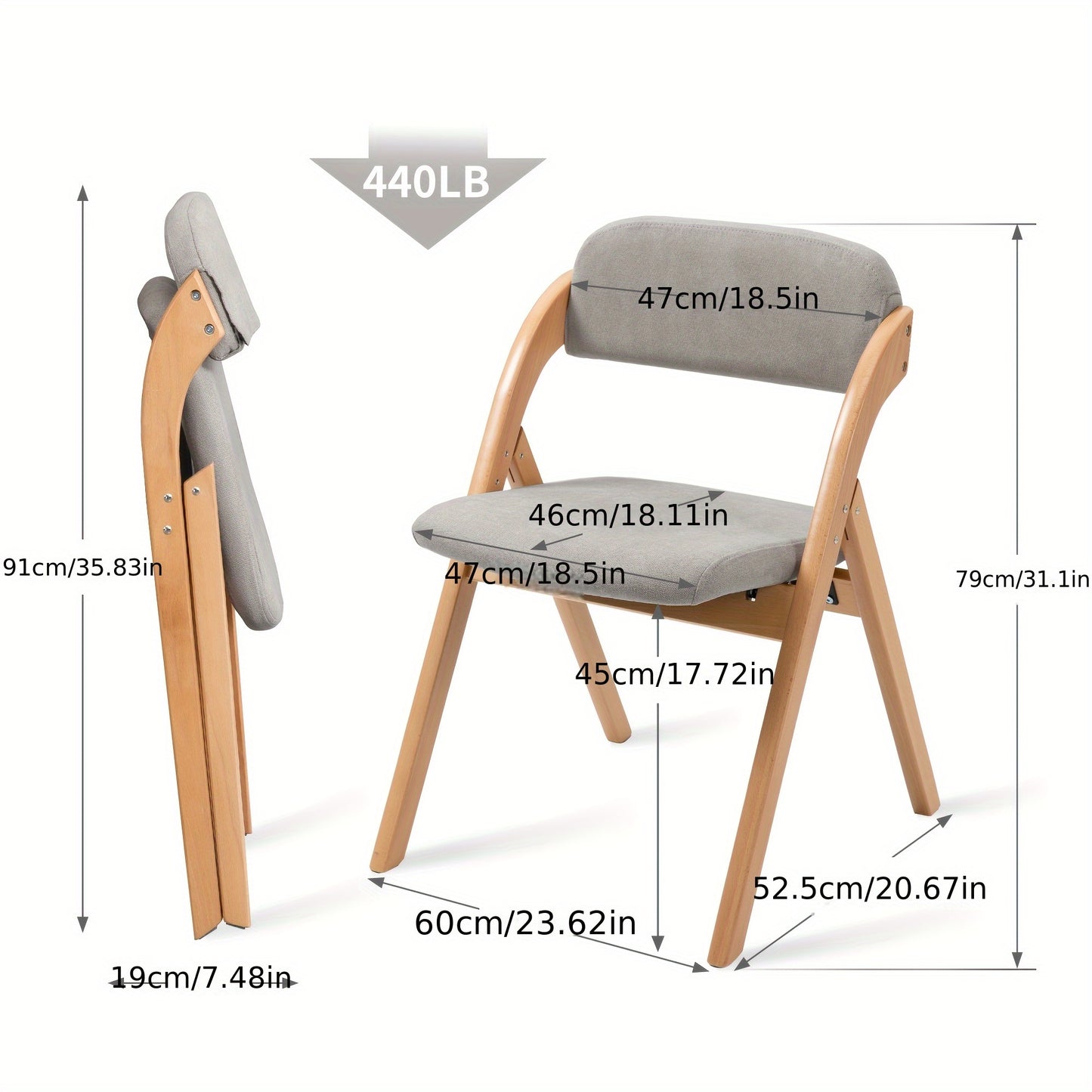 Klapstoel – Opvouwbare Stoel – Campingstoel – Eetkamerstoel – Extra Stoel – Set Van 2 – Houten Frame – Gewatteerde Zitting Met Afneembare Hoes – Grijs