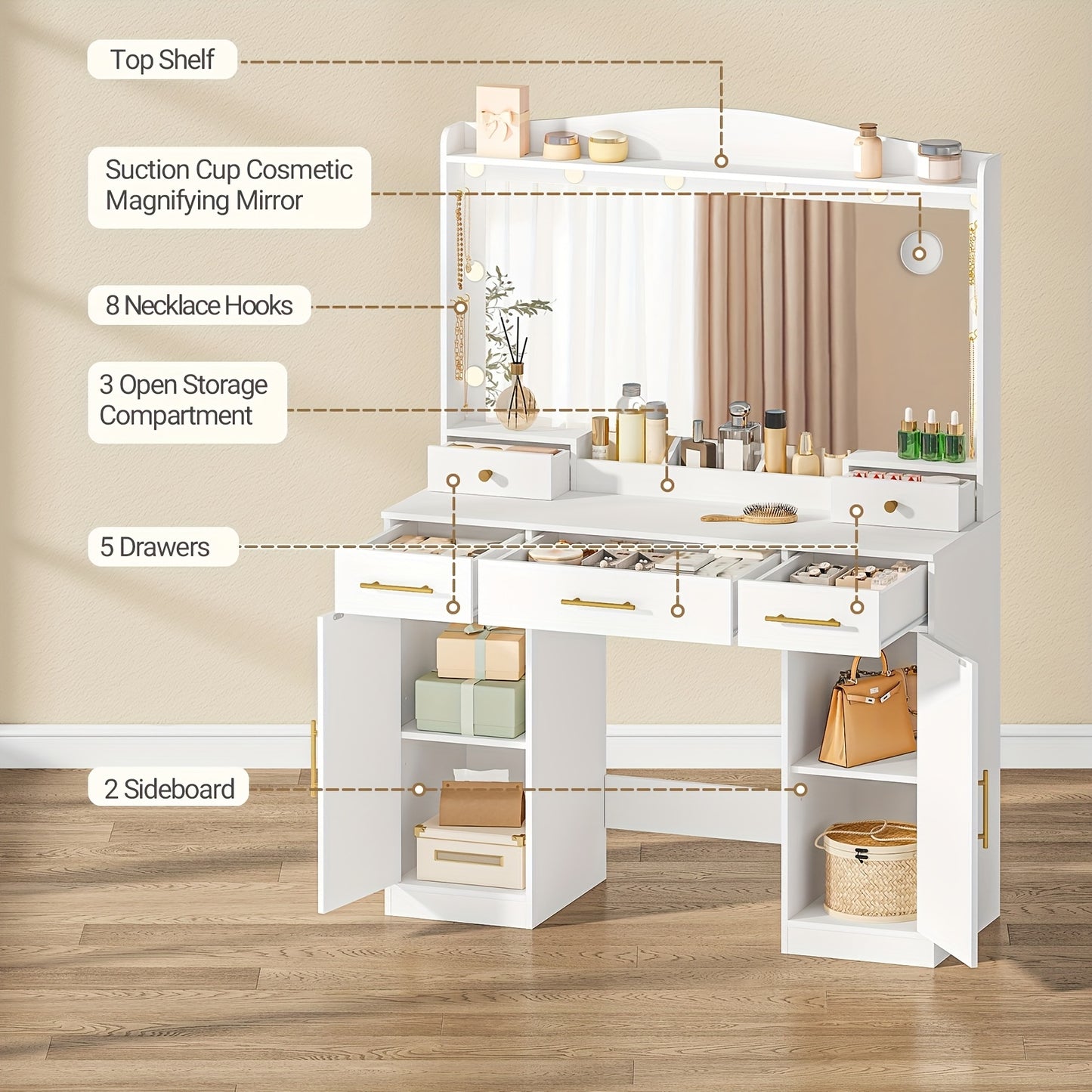 Kaptafel – Make-up Tafel – Dressing Table – Cosmeticatafel – Vanity Set – Grote Spiegel – Verstelbare LED Verlichting – 5 Laden & 2 Kastjes – Wit – 40x108x149 cm