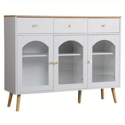 Wit metalen dressoir – buffetkast – opbergkast – keukenkast – vitrinekast – 3 lades & 3 gebogen glazen deuren – stevig metaal met brede opbergruimte