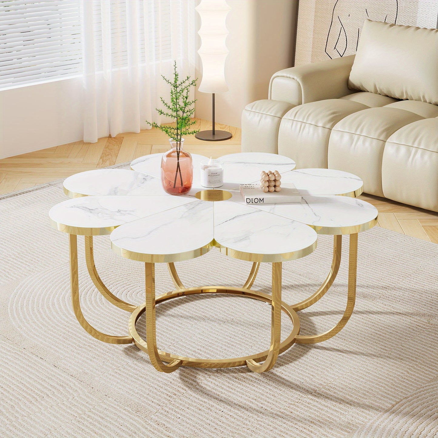 Salontafel – Koffietafel – Lounge Tafeltje – Bijzettafel – Woonkamertafel – Wit Goud – Extra Groot Tafelblad – Ruimtebesparend Metalen Frame