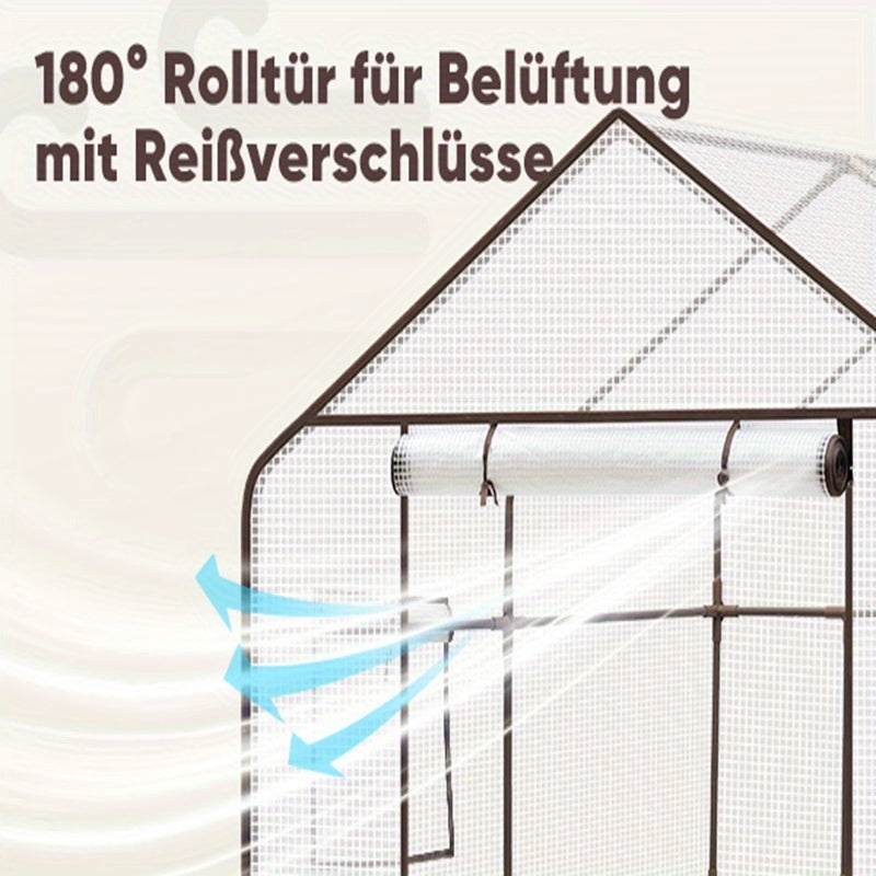 Meerlaagse Kas – Standaard Kas – Plantenkas – Balkon Kas – Tuinkas – Roestvrij Staal Frame – 10 Verstelbare Planken – Ademend PE-Materiaal – Ventilatieopeningen – 145x145x200 cm – Witte Variant