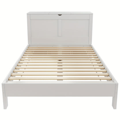 Bedframe – Tweepersoonsbed – Slaapbank – Kinderbed – Meubel – Wit – Bamboe Materiaal – Hoofdeinde Met Opbergruimte
