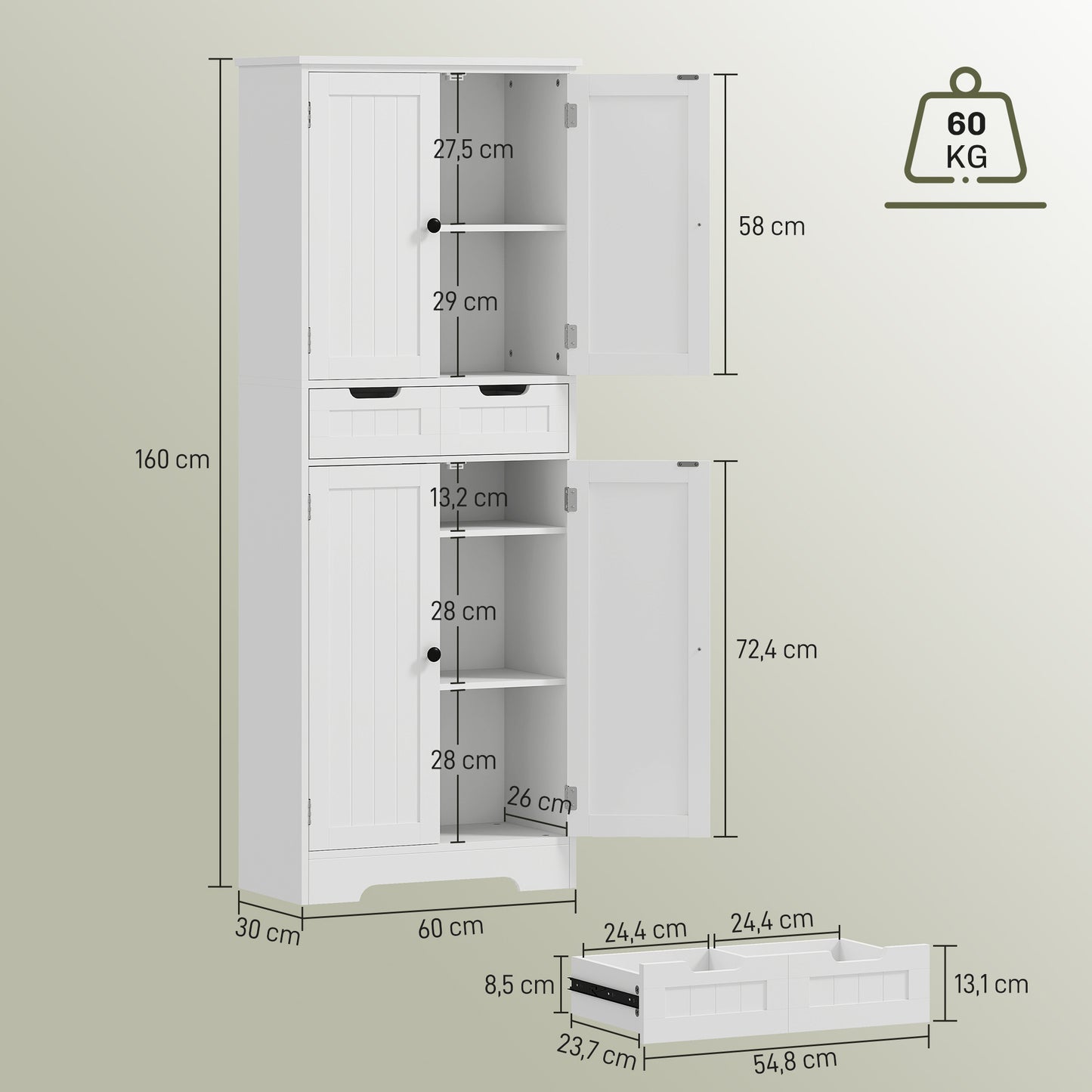 Badkamerkast – Opbergkast – Kolomkast – Wastafelonderkast – Badkamermeubel – Hoogwaardig MDF – Verstelbare Planken 60x30x160 cm – Wit
