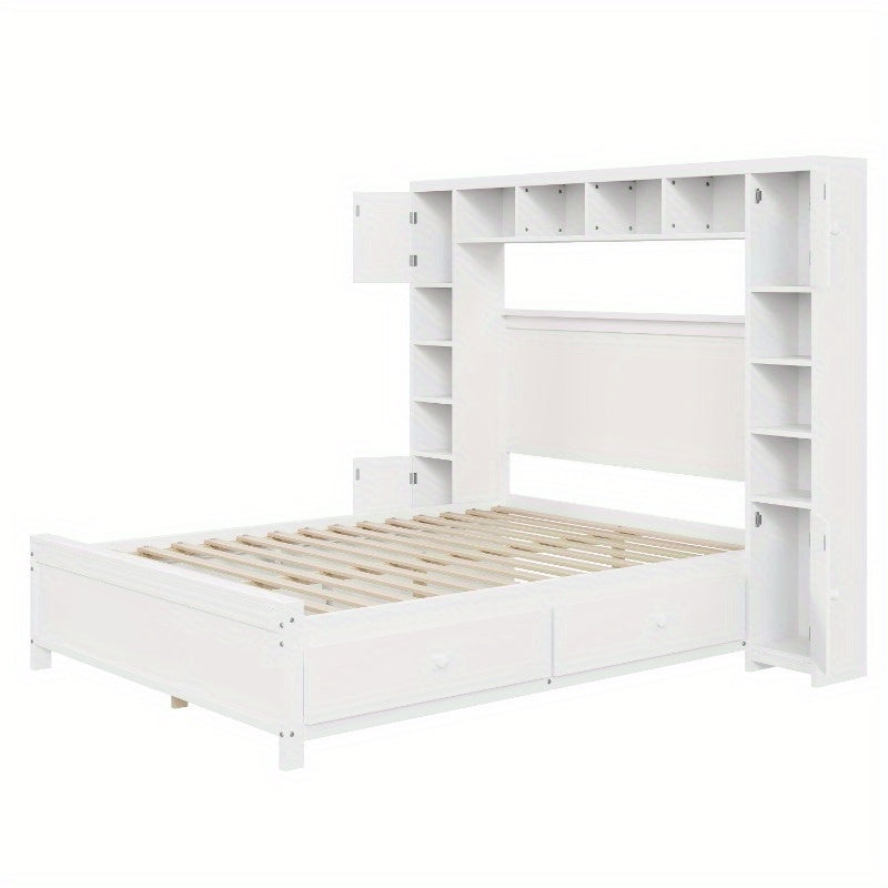 Bedframe – Tweepersoonsbed – Opbergbed – Ladebed – Slaapbank – Moderne Witte Kleur – 4 Lades & Kast – Lattenbodem 3,56x5,08 m – Ruimtebesparend Ontwerp