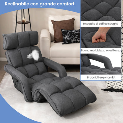 Vloerlounger – Vloerstol – Zitzak – Relaxstoel – Ligstoel – Donkergrijs – 6-voudig Verstelbare Rugleuning – Stevig Buisvormig Stalen Frame
