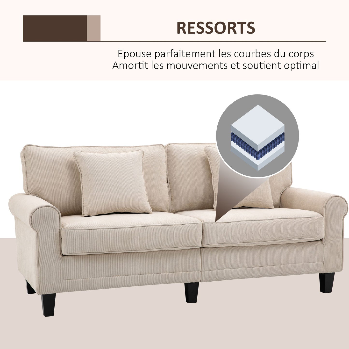 Bankstel – 3-zitsbank – Sofa – Slaapbank – Zithoek – Beige Ribfluweel – Hoogwaardig Zitcomfort 197 cm – Massief Dennehouten Poten – Inclusief 2 Sierkussens