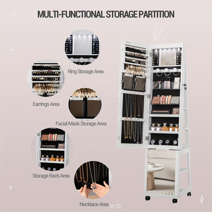 6 LEDs Jewelry Cabinet, 159 Cm High Jewelry Cabinet Organizer, Lockable In Full Length Of Mirror With 4 Wheels, Large 5-animal Jewelry Storage Rack, White, Jewelry Armoires - QUORE