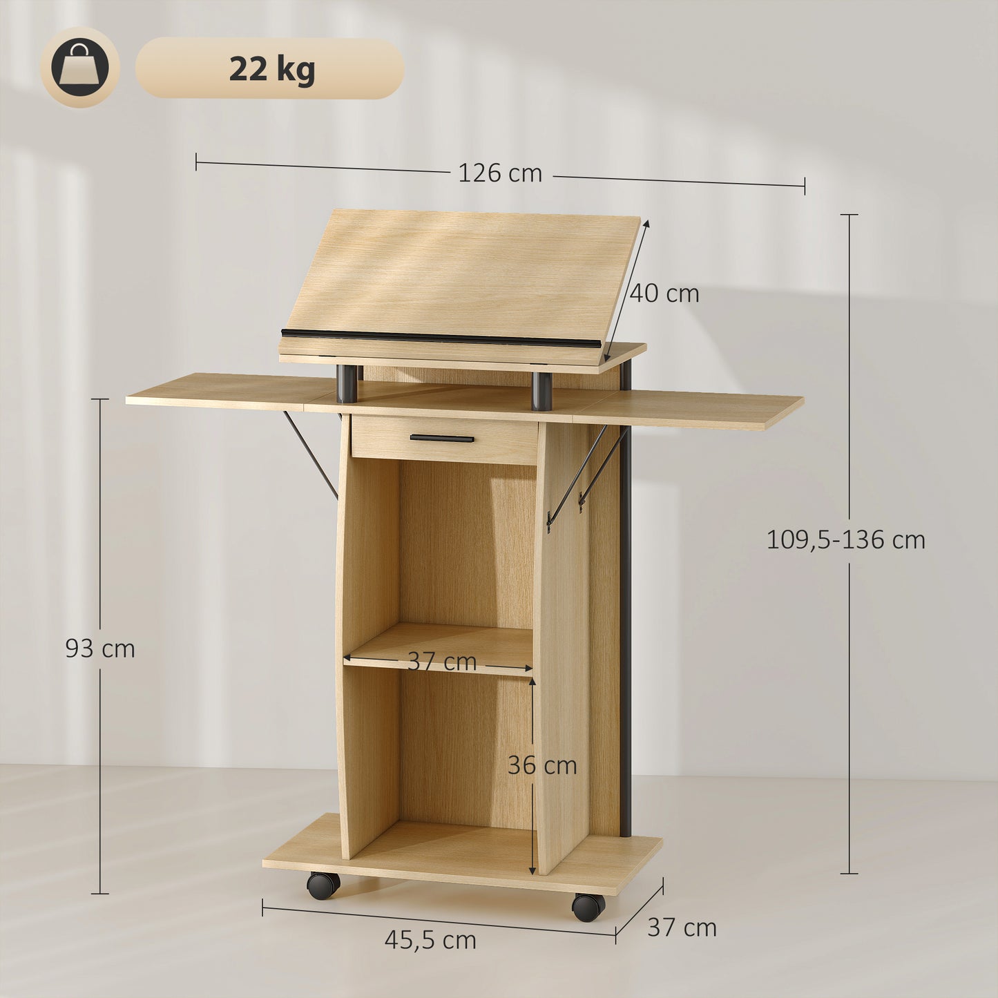 Mobiel Podium – Spreekgestoelte – Presenteertafel – Lecter – Werkplek – Eikenlook Afwerking – Inklapbare Zijpanelen – Lade en Opbergruimte