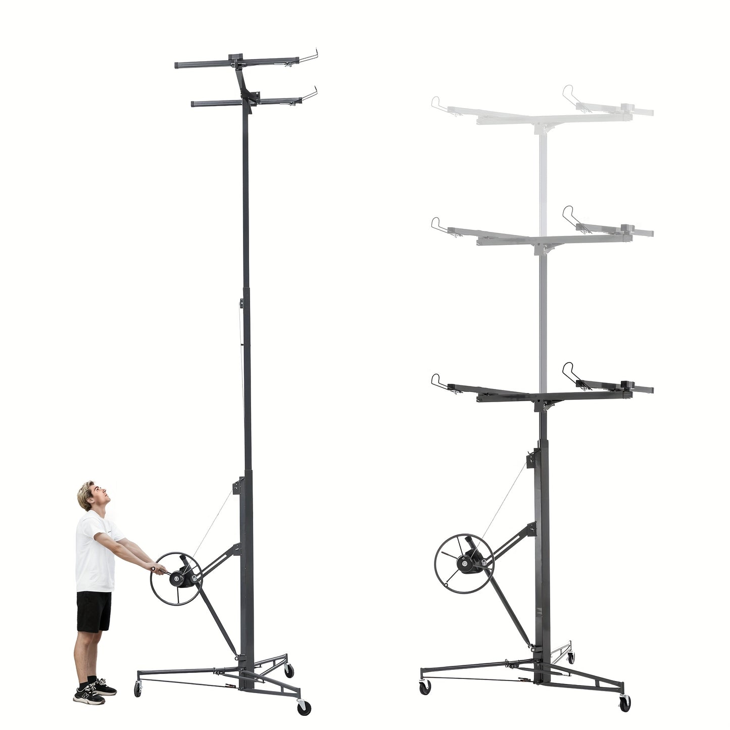 Foldable Heavy-Duty Plasterboard Lift Suitable for Plasterboards - Adjustable Height (180-470cm), Portable 3-Wheel Lift with Parking Brake & 60° Tilt, Metal Frame for Drywall Installation, Ceiling & Wall - Ideal for DIY & Pr