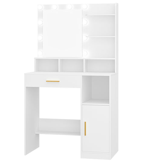 Sieradendoos – Juwelendoos – Sieradenkast – Make-uptafel – Opbergkast – Met Spiegel – 10 Verstelbare LED-Lampjes – Ruime Opbergruimte met Lade en Kast