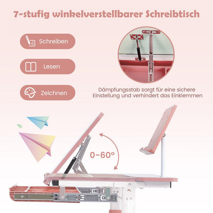 Verstelbaar Kinderbureau – Kindertafel – Studietafel – Schrijftafel – Bureau Met Lade – Hoogte Verstelbaar 51-73cm – Kantelbaar Tafelblad Met Boekenkast – Roze