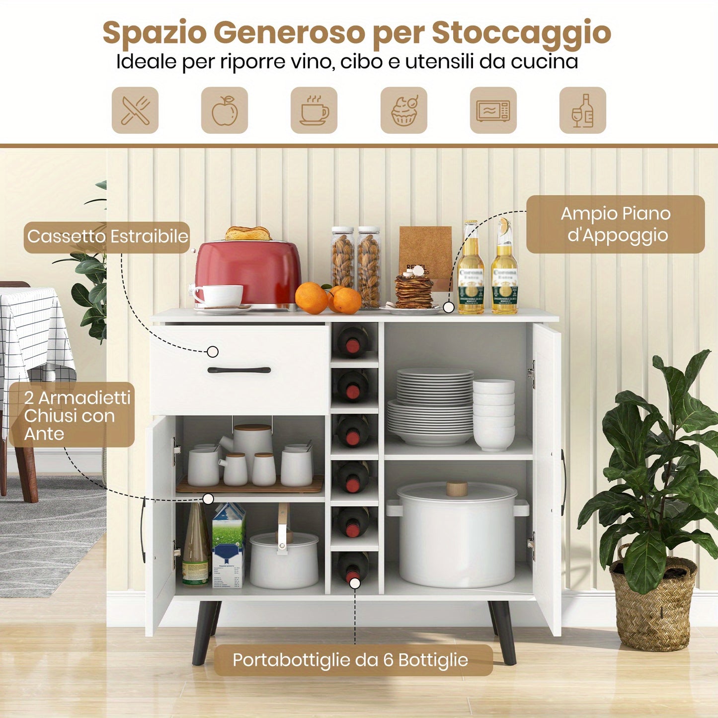 Buffetkast – Sideboard – Dressoir – Opbergkast – Wijnkast – 90x40x79 cm – Verstelbare Planken & Anti-Kantelbeveiliging – Metalen Poten & MDF Wit