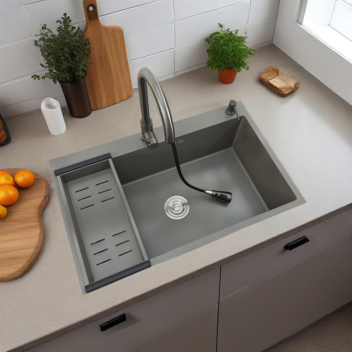 Handmade stainless steel sink with pull-out faucet and drain basket in gray large capacity sink with soap dispenser and drainage kit,  Sleek Sink, Rectangular Sink, Highquality Sink, Undermount Sink