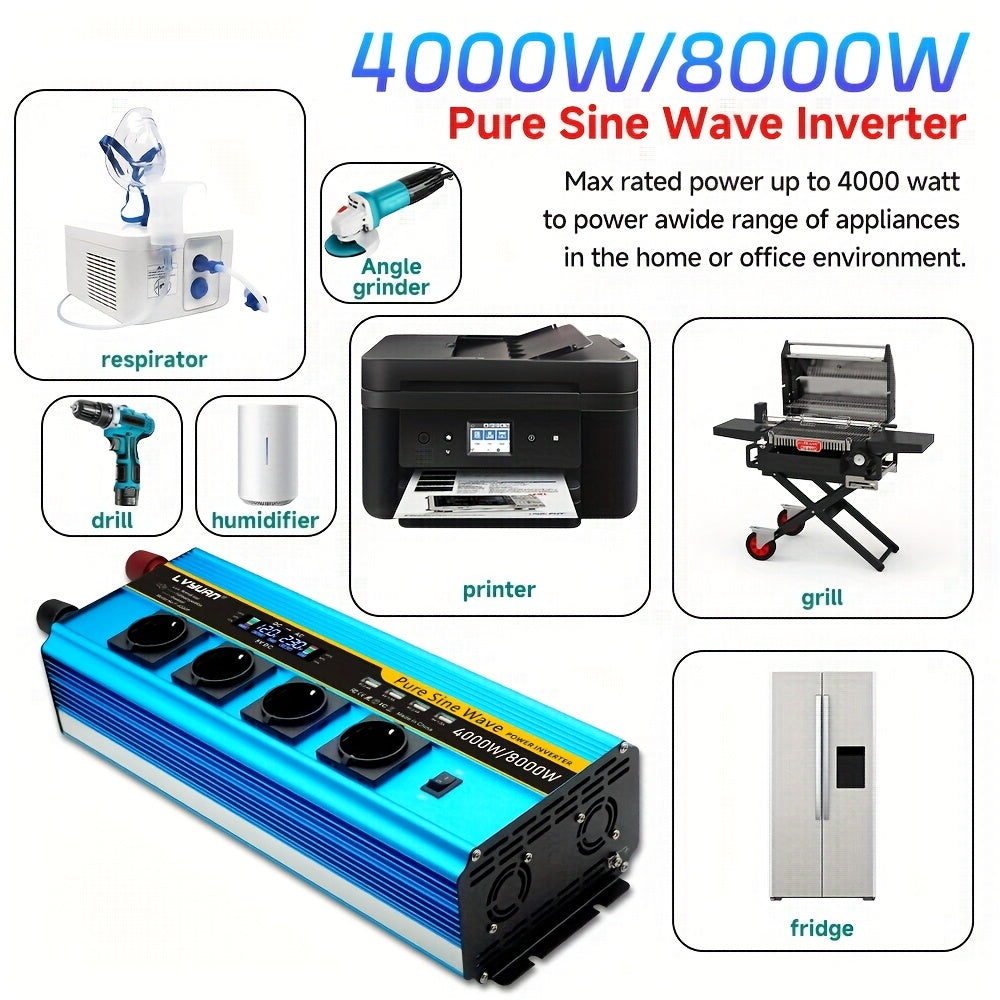Omvormer 12V naar 230V – Inverter – Stroomomvormer – Spanningsomzetter – Power Converter – 4000W Continu Vermogen – Pure Sinusgolf & 4 Stopcontacten