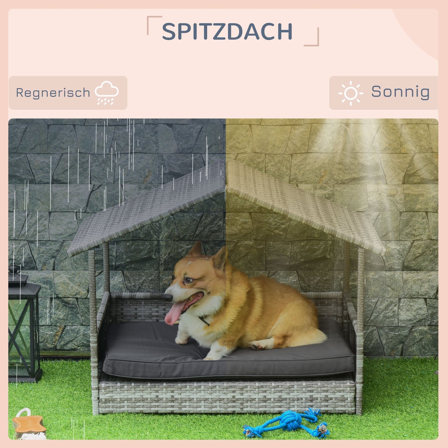 Hondenhok – Hondenmand – Hondenkennel – Hondenhuisje – Huisdier Bed – Rattan Met Staal – Inclusief Comfortabel Kussen – Grijs 69x98x70 cm