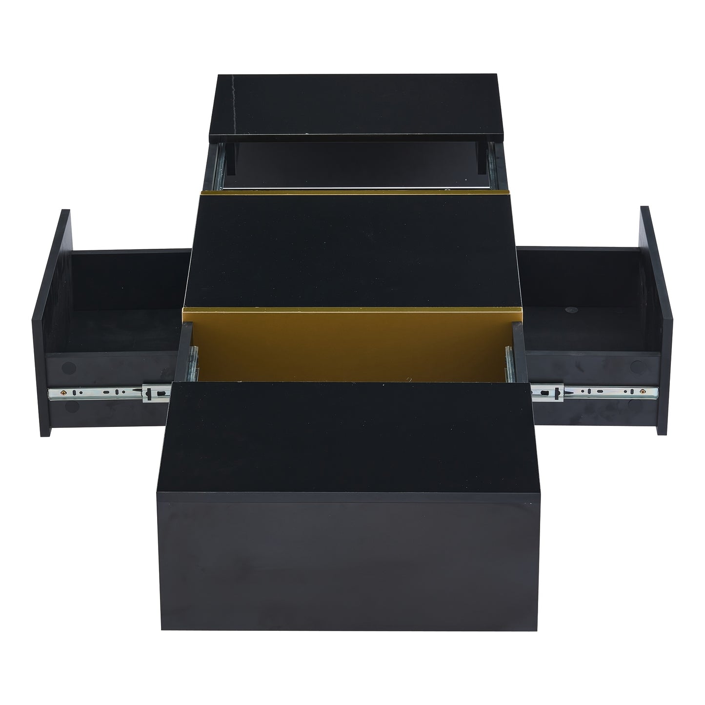Salontafel – Koffietafel – Woonkamertafel – Bijzettafel – Uitschuifbare Tafel – Zwart – 4 Lades – Gouden Poot – Multifunctioneel – Laag Profiel