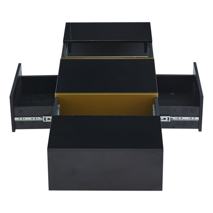 Salontafel – Koffietafel – Woonkamertafel – Bijzettafel – Uitschuifbare Tafel – Zwart – 4 Lades – Gouden Poot – Multifunctioneel – Laag Profiel