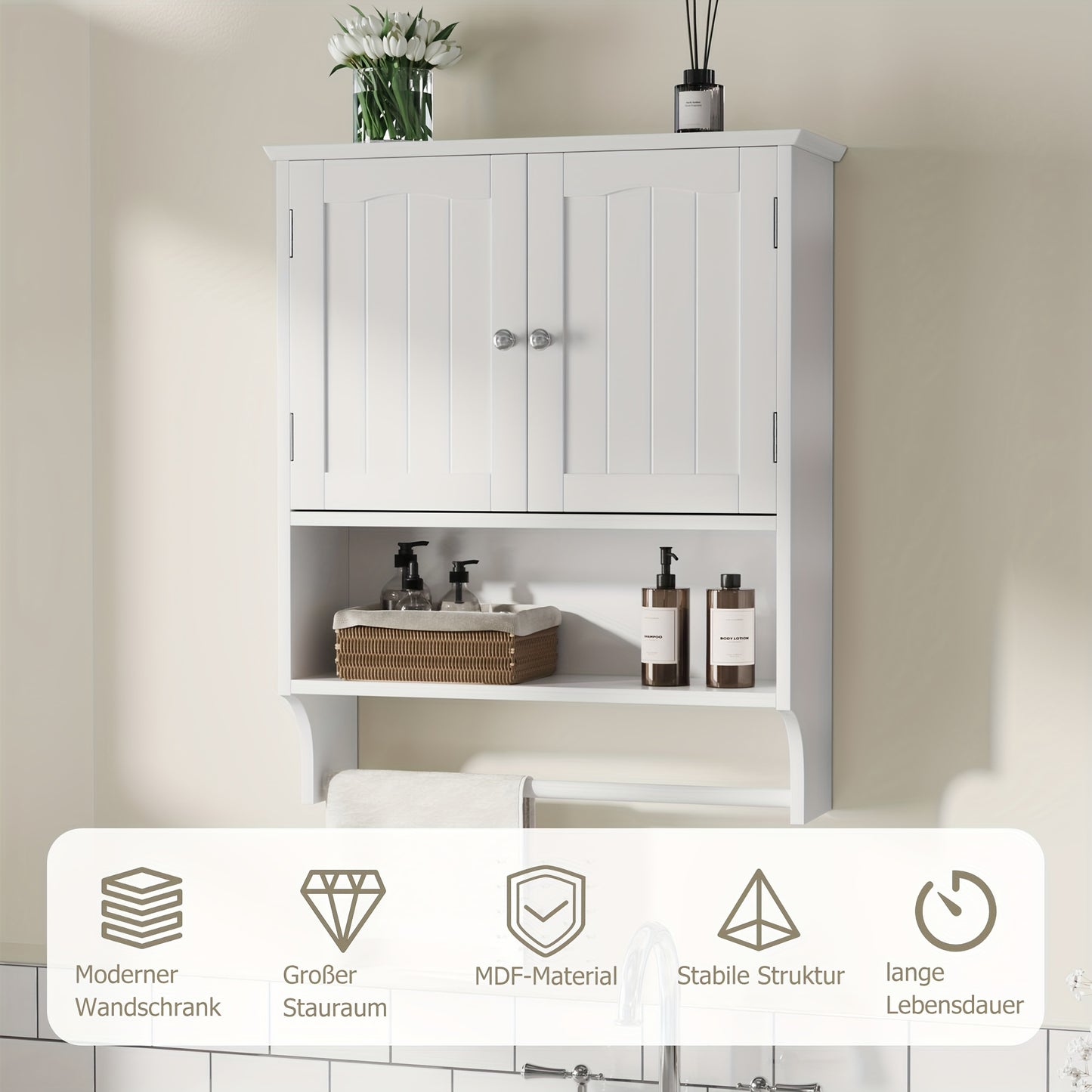 Wandkastje Badkamer – Opbergkastje Muurkastje Medicijnkastje Handdoekenrek – Wit MDF Hardhout – 2 Verstelbare Planken – Wandmontage Space Saver