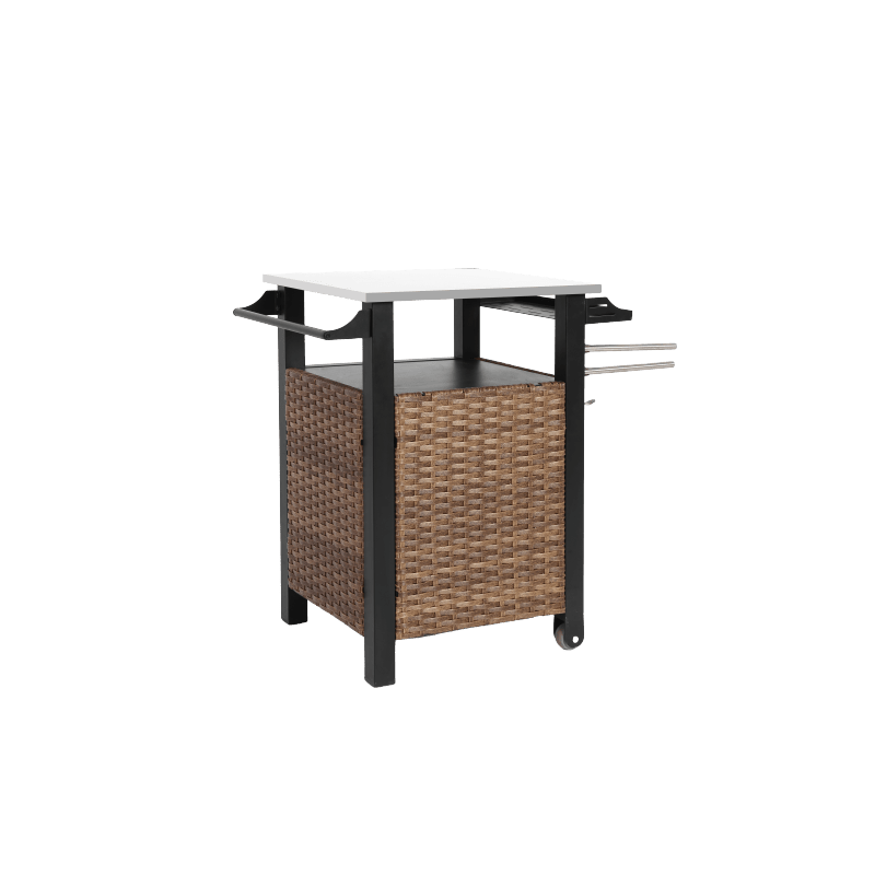 Serveerwagen – Mobiele Barwagen – Barkeep Trolley – Tuinwagen – Keukenwagen – Bruin Rattan Met Roestvrij Stalen Uitschuifbaar Werkblad – Weerbestendig Stalen Frame Met Wieltjes