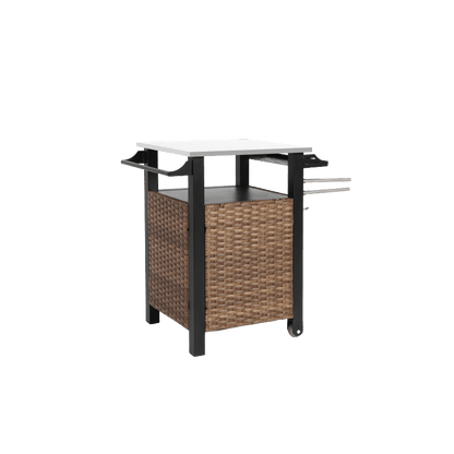 Serveerwagen – Mobiele Barwagen – Barkeep Trolley – Tuinwagen – Keukenwagen – Bruin Rattan Met Roestvrij Stalen Uitschuifbaar Werkblad – Weerbestendig Stalen Frame Met Wieltjes