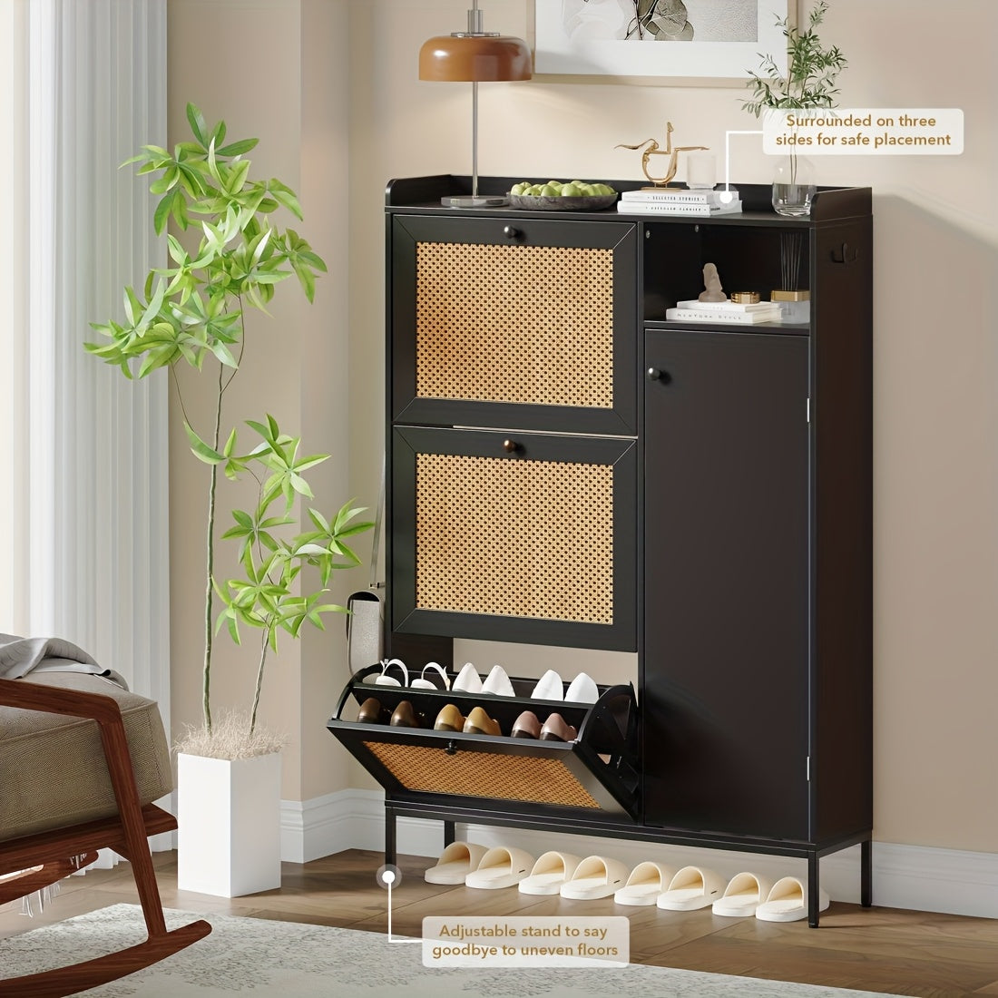 Schoenenkast Rattan – Schoenopberger – Schoenrek – Schoenopberger Kast – Schoenen Organizer – Verstelbare Planken – Duurzaam MDF & Hout
