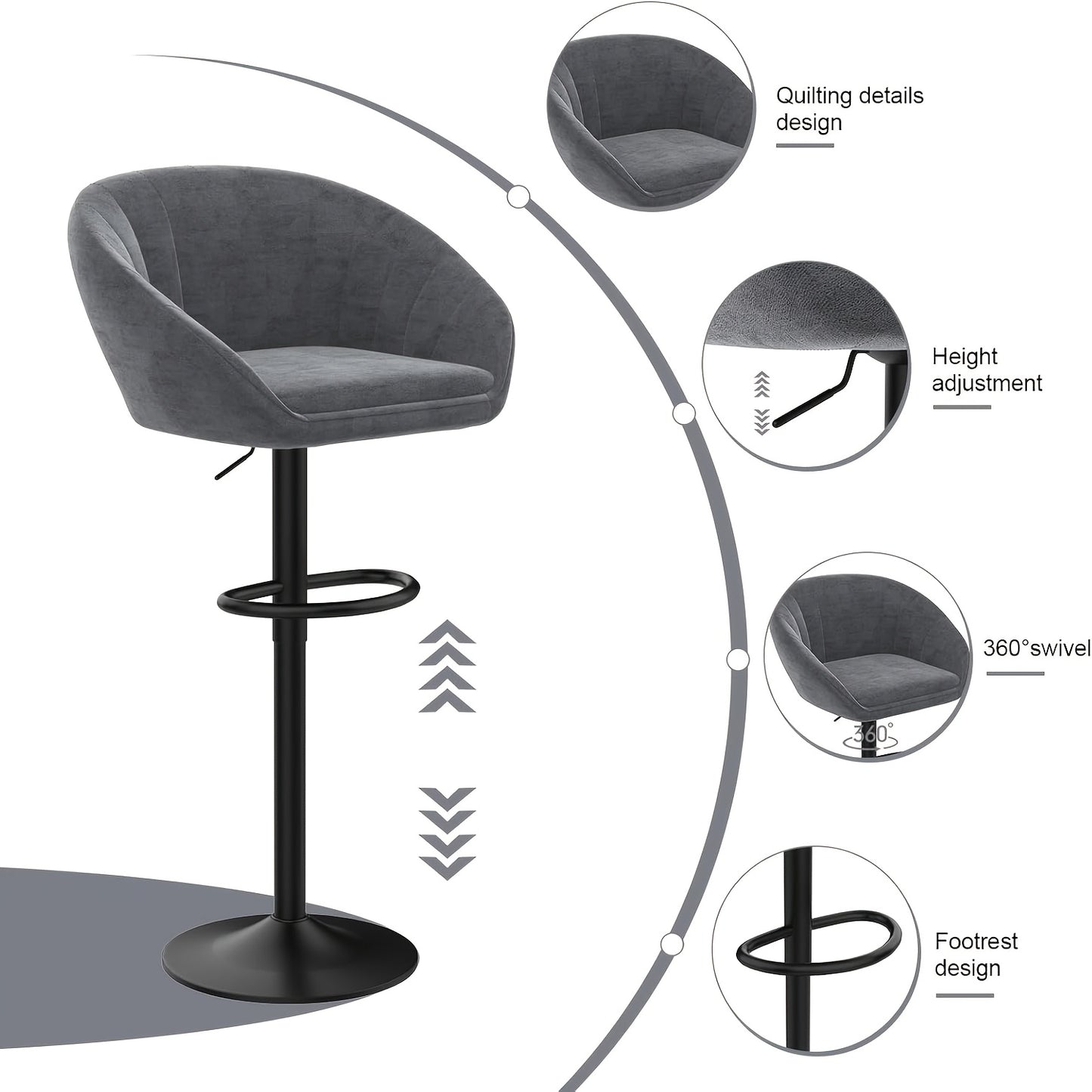 Barstoel – Barkruk – Barkrukken – Barstoelen – Keukenstoel – Fluwelen Bekleding – Verstelbare Zithoogte – Draaibaar – Set van 2 – Grijs