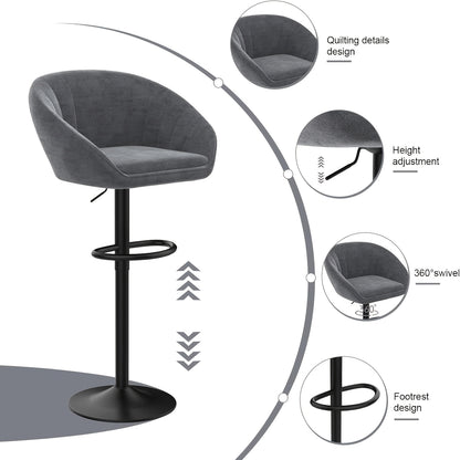 Barstoel – Barkruk – Barkrukken – Barstoelen – Keukenstoel – Fluwelen Bekleding – Verstelbare Zithoogte – Draaibaar – Set van 2 – Grijs