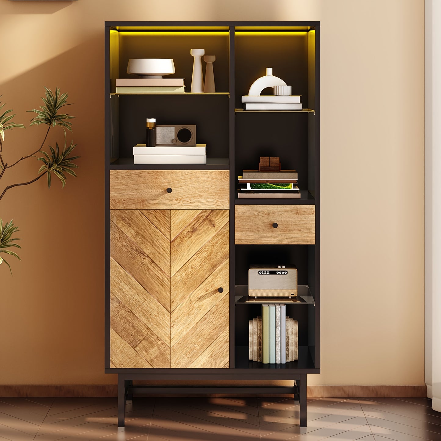 Vitrinekast – Displaykast – Opbergkast – Servieskast – Dressoir – Hout Zwart + Houtkleur – Ruime Opbergruimte – Modern Triangulair Design