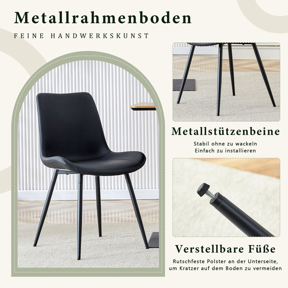 A four-piece modern dining set featuring black upholstery and a metal frame, with generously proportioned seats and backrests. Ideal for dining rooms, home offices and various living areas.
