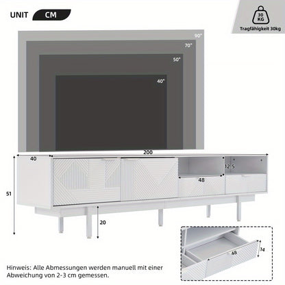 A Contemporary Bohemian-Style TV Stand Featuring Abstract White Geometric Patterns, Designed with Minimalist Cabinet Doors And Ample Storage Space. Its Dimensions Are 200 Cm by 40 Cm by 51 Cm, Suitable for a TV Up to 90 Inche
