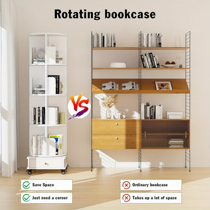 Boekenrek – Boekenplank – Boekenkast – Opbergkast – Wit – 4-Lagen Met Lade – 360° Draaibaar Met Wieltjes