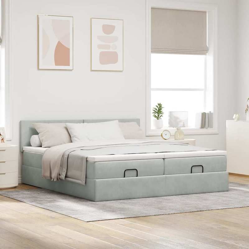 Bedframe – Bed – Bed Stevig – Slaapbed – Opbergbed – Lichtgrijs Velvet – 160x200 cm – Stevig Massief Hout – Ottoman Opbergruimte