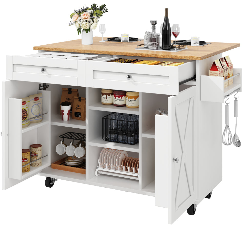 Modern White Wood Grain Kitchen Island with Dining Table, Multifunctional & Dining Cart - Easy Assembly Required, Space-Saving Heavy-Duty Furniture for small Kitchens, Apartments, Homes (Metal Frame)