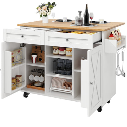 Modern White Wood Grain Kitchen Island with Dining Table, Multifunctional & Dining Cart - Easy Assembly Required, Space-Saving Heavy-Duty Furniture for small Kitchens, Apartments, Homes (Metal Frame)